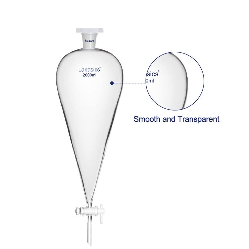 Labasics Conical Separatory Funnel, 2000 ml Heavy Wall Borosilicate Glass Separating Funnel with 24/29 Joints and PTFE Stopcock - Image 3